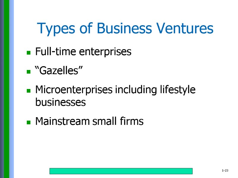 Types of Business Ventures Full-time enterprises  “Gazelles”  Microenterprises including lifestyle businesses 